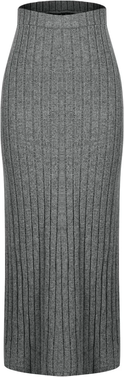 Women's Plus Size High Waisted Midi Skirt Solid Elastic Waistband Side Slit A Line Casual Knit Skirts for Women