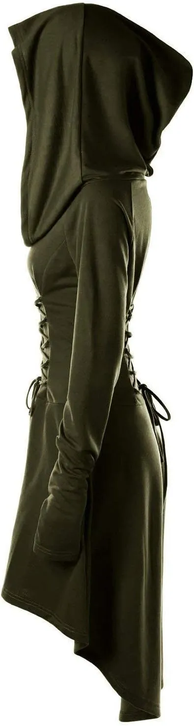 Womens Renaissance Costumes Hooded Robe Lace Up Vintage Pullover High Low Long Hoodie Dress