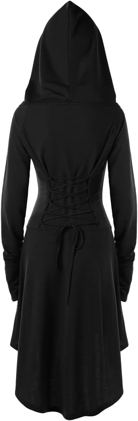 Womens Renaissance Costumes Hooded Robe Lace Up Vintage Pullover High Low Long Hoodie Dress