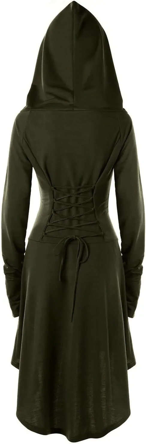 Womens Renaissance Costumes Hooded Robe Lace Up Vintage Pullover High Low Long Hoodie Dress
