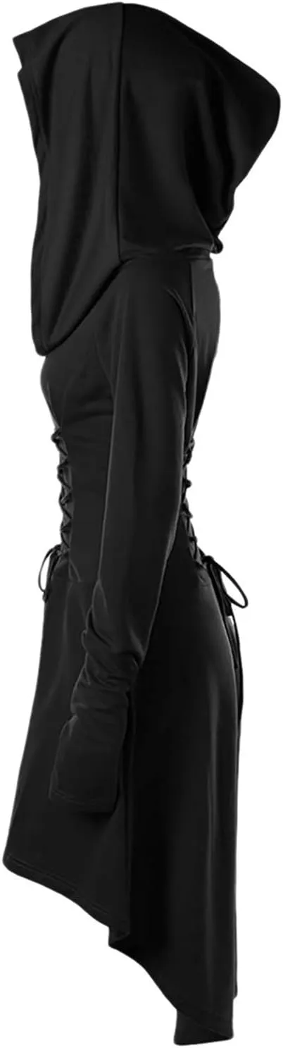 Womens Renaissance Costumes Hooded Robe Lace Up Vintage Pullover High Low Long Hoodie Dress