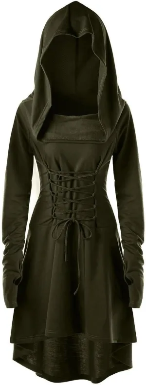 Womens Renaissance Costumes Hooded Robe Lace Up Vintage Pullover High Low Long Hoodie Dress