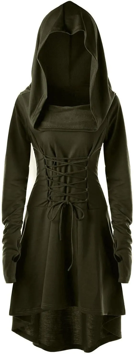 Womens Renaissance Costumes Hooded Robe Lace Up Vintage Pullover High Low Long Hoodie Dress
