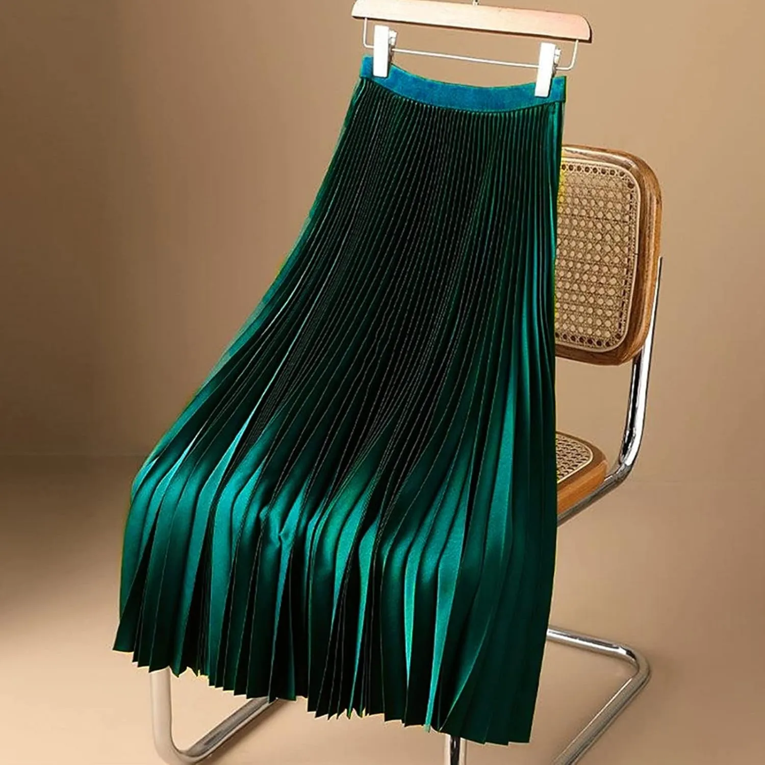 Womens Silk Satin High Waisted Maxi Skirts Dressy Hidden Elasticized Waistband Pleated Flowy Swing A Line Long Skirt