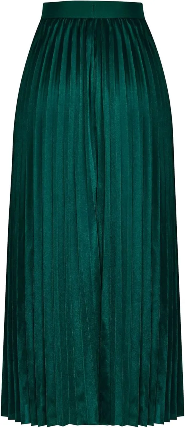 Womens Silk Satin High Waisted Maxi Skirts Dressy Hidden Elasticized Waistband Pleated Flowy Swing A Line Long Skirt