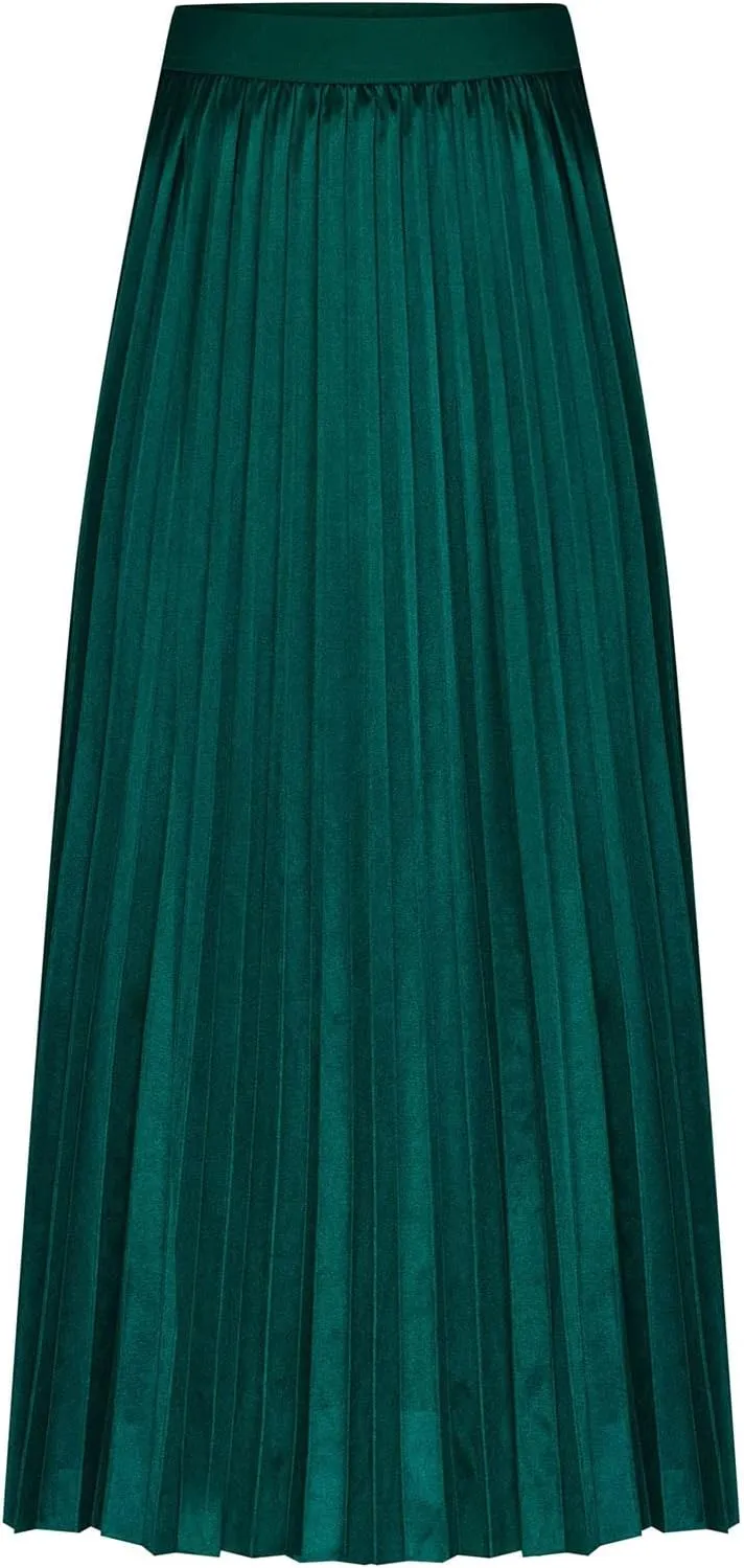 Womens Silk Satin High Waisted Maxi Skirts Dressy Hidden Elasticized Waistband Pleated Flowy Swing A Line Long Skirt