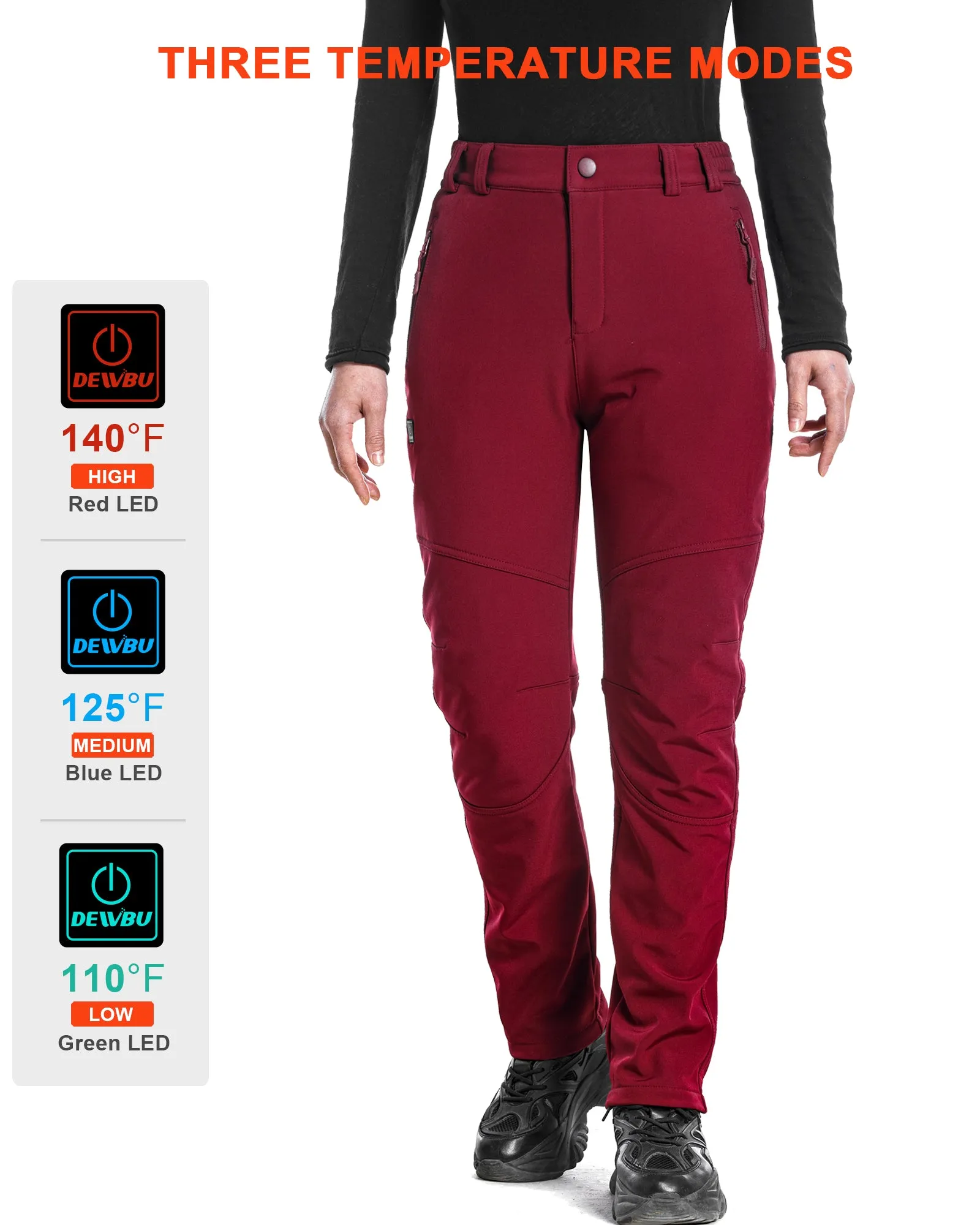 Women's Soft Shell  Heated Pants with 12V Battery Pack Fleece Lined - Red
