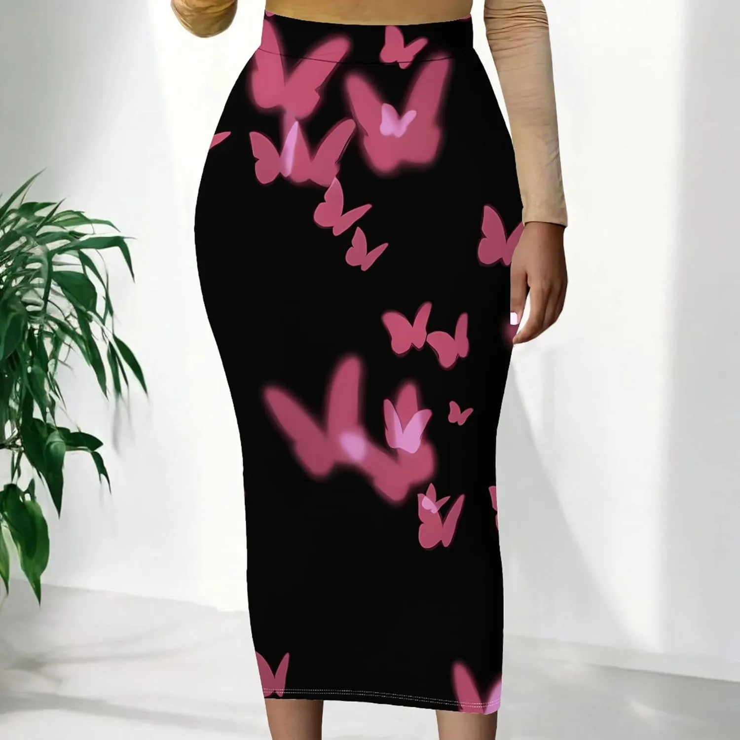 Women's Solid Basic Casual Elastic Waist Stretch Bodycon Knee Length Pencil Skirt for Office Fall Y2K Club Tight Midi Skirts