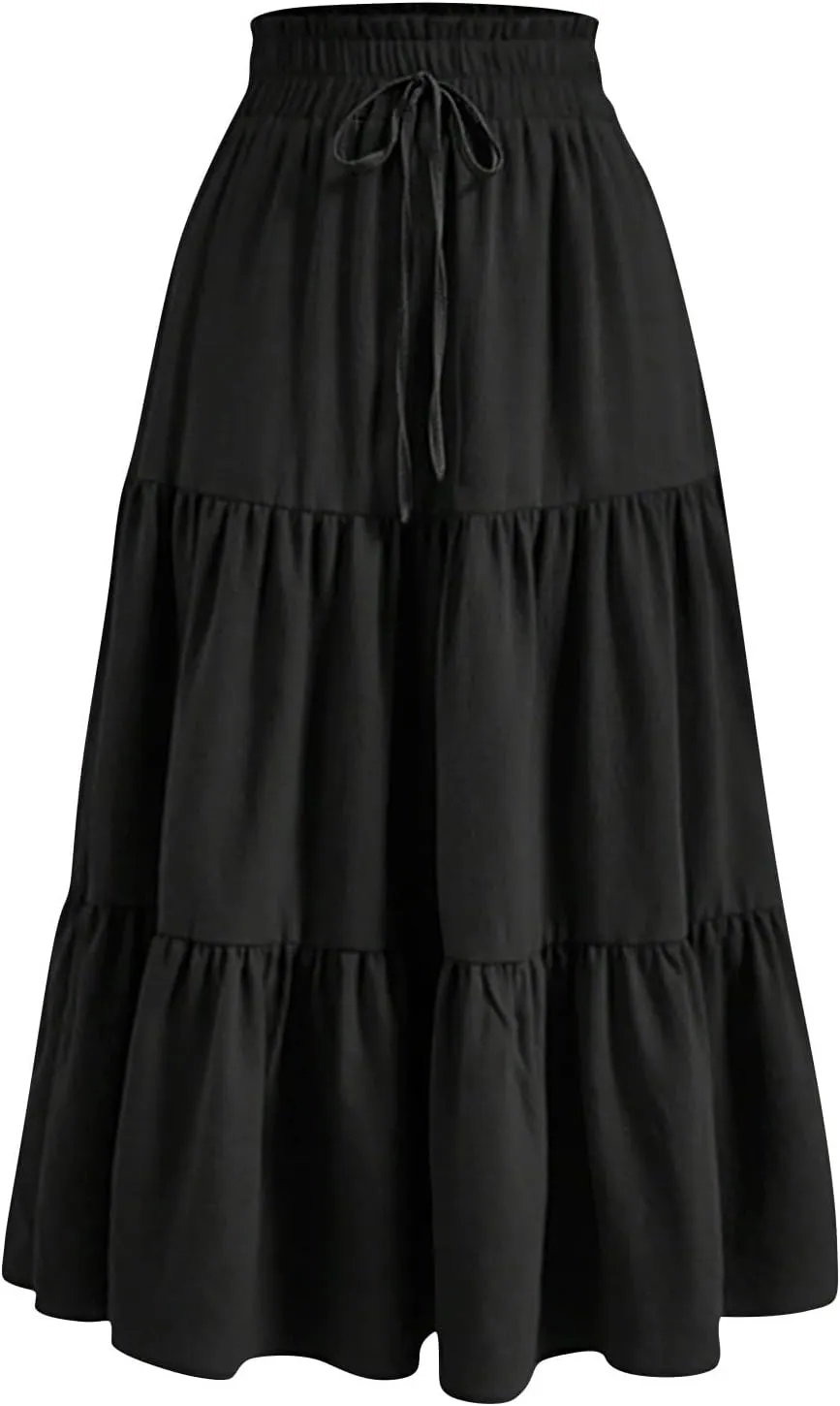 Women's Summer Boho Floral Print Long Skirt A-Line Flowy Ruffle Tiered Elastic High Waisted Beach Vacation Maxi Skirt