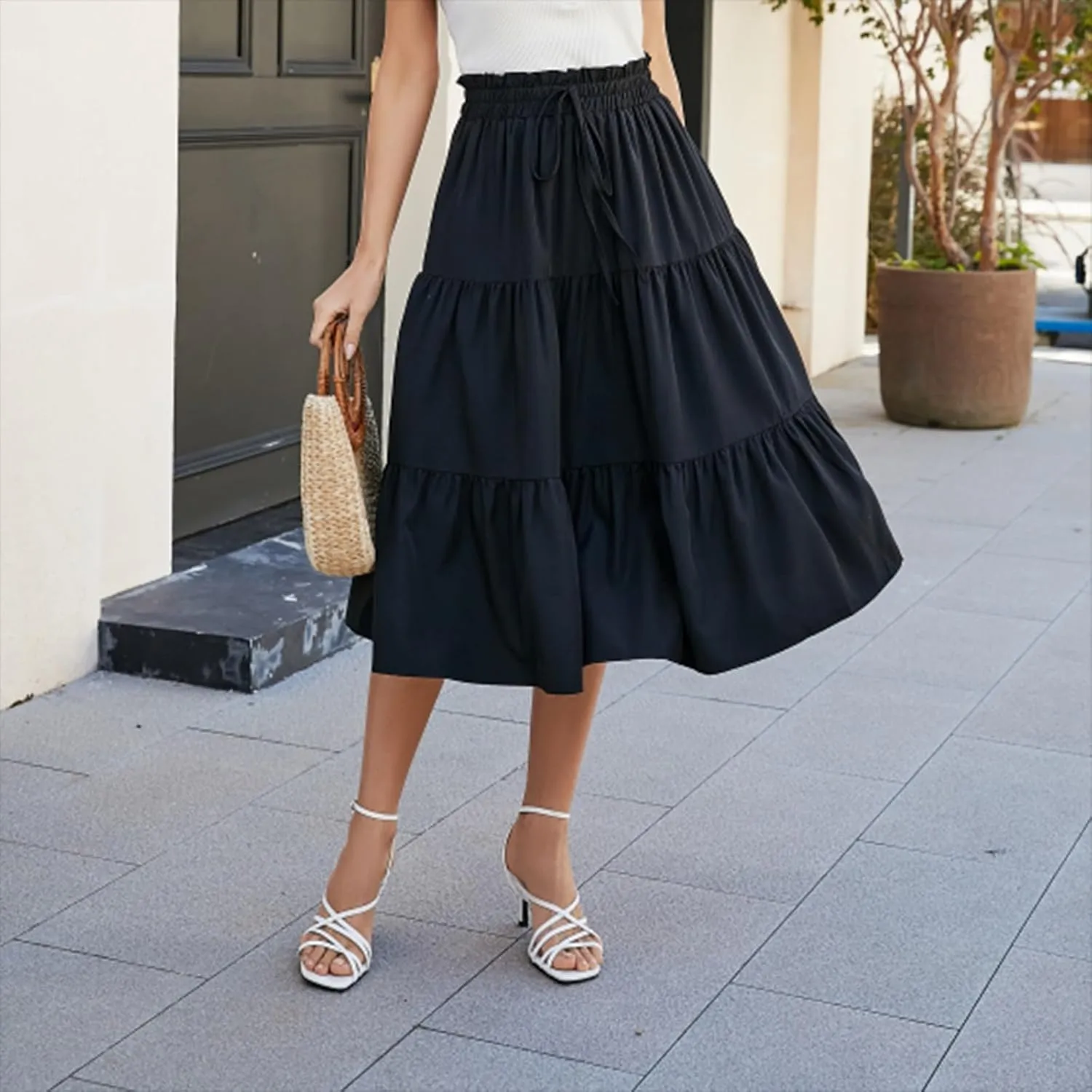 Women's Summer Boho Floral Print Long Skirt A-Line Flowy Ruffle Tiered Elastic High Waisted Beach Vacation Maxi Skirt