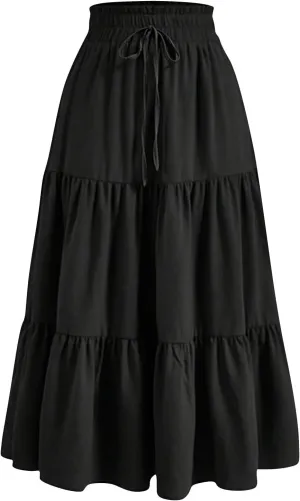 Women's Summer Boho Floral Print Long Skirt A-Line Flowy Ruffle Tiered Elastic High Waisted Beach Vacation Maxi Skirt