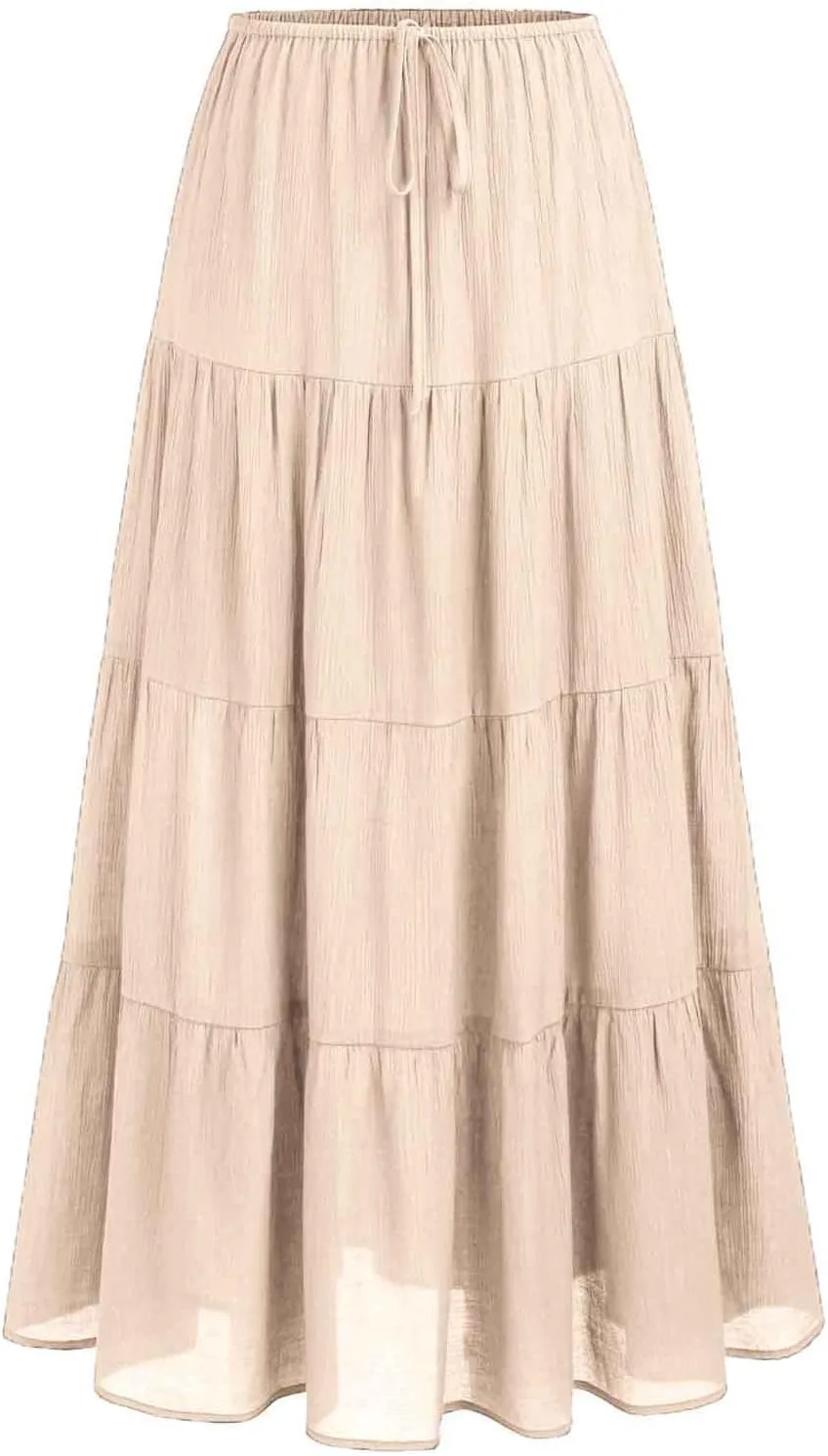 Women's Summer Boho Vacation Beach A-Line Midi Skirt Pleated Ruffle Drawstring Elastic High Waist Tiered Flowy Skirts