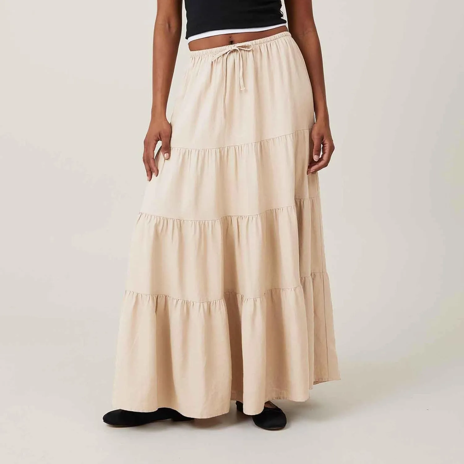 Women's Summer Boho Vacation Beach A-Line Midi Skirt Pleated Ruffle Drawstring Elastic High Waist Tiered Flowy Skirts
