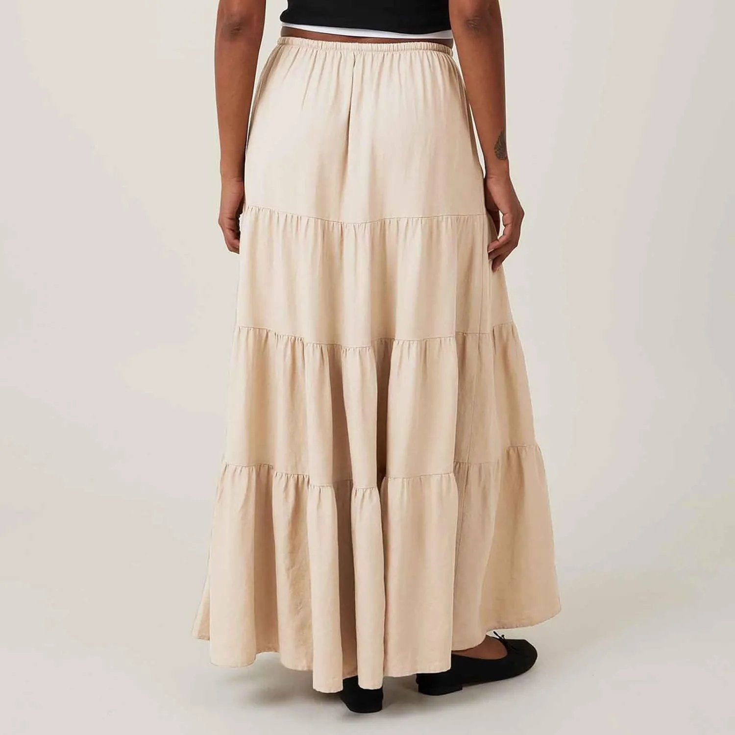 Women's Summer Boho Vacation Beach A-Line Midi Skirt Pleated Ruffle Drawstring Elastic High Waist Tiered Flowy Skirts