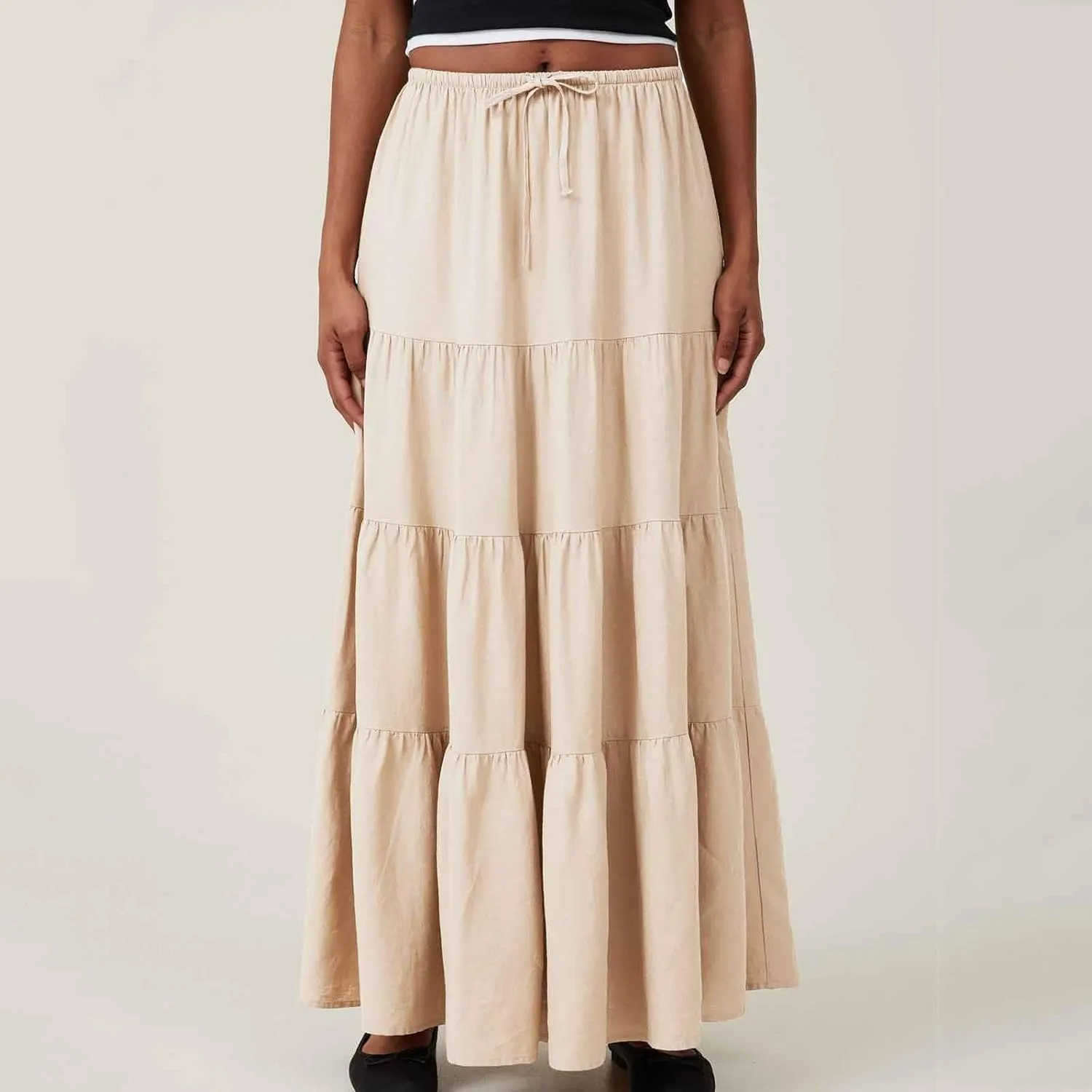 Women's Summer Boho Vacation Beach A-Line Midi Skirt Pleated Ruffle Drawstring Elastic High Waist Tiered Flowy Skirts