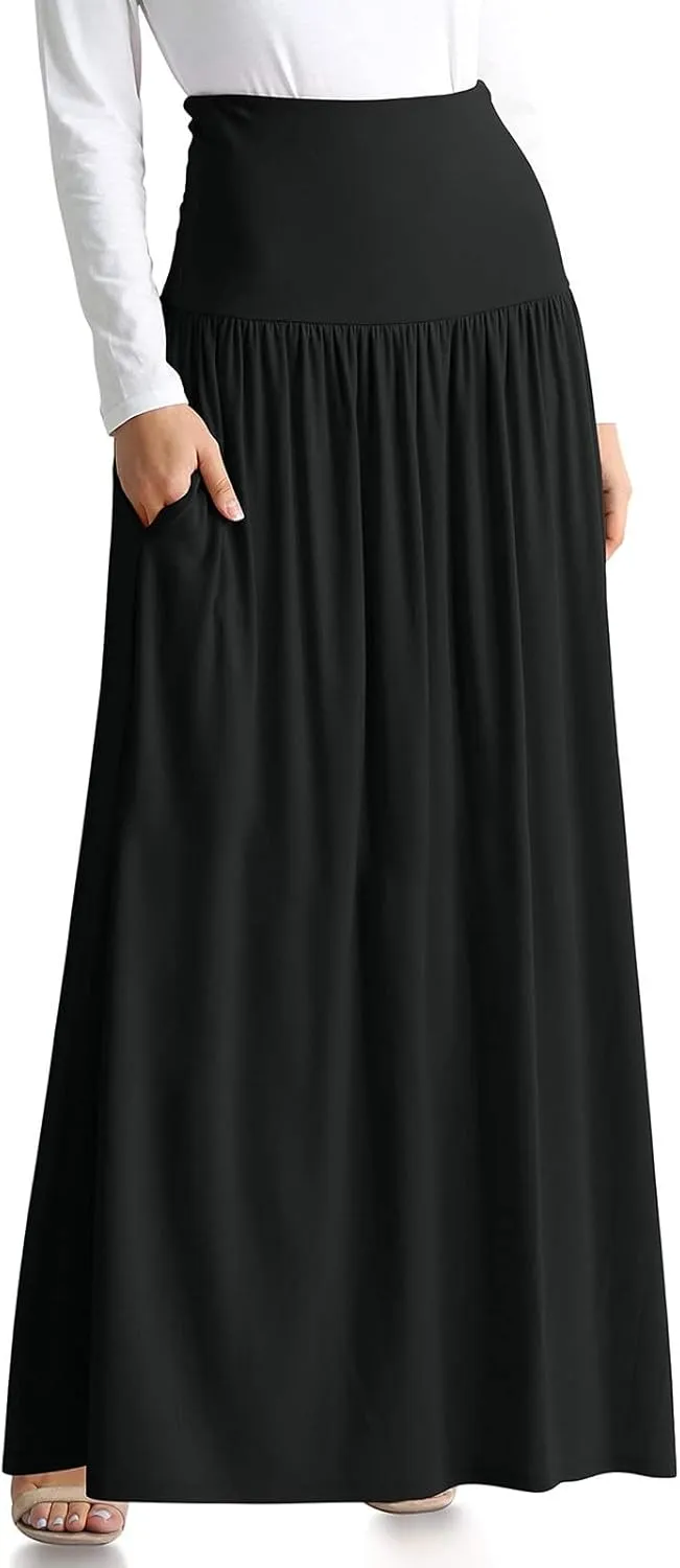 Womens Summer Skirts Womens Cotton Linen Skirts Spring Summer A Line Pleated Maxi Midi Skirt With Pockets Black Skirt