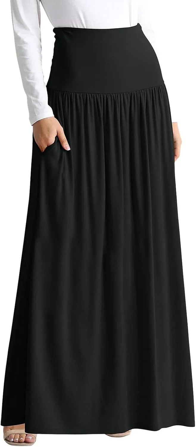 Womens Summer Skirts Womens Cotton Linen Skirts Spring Summer A Line Pleated Maxi Midi Skirt With Pockets Black Skirt