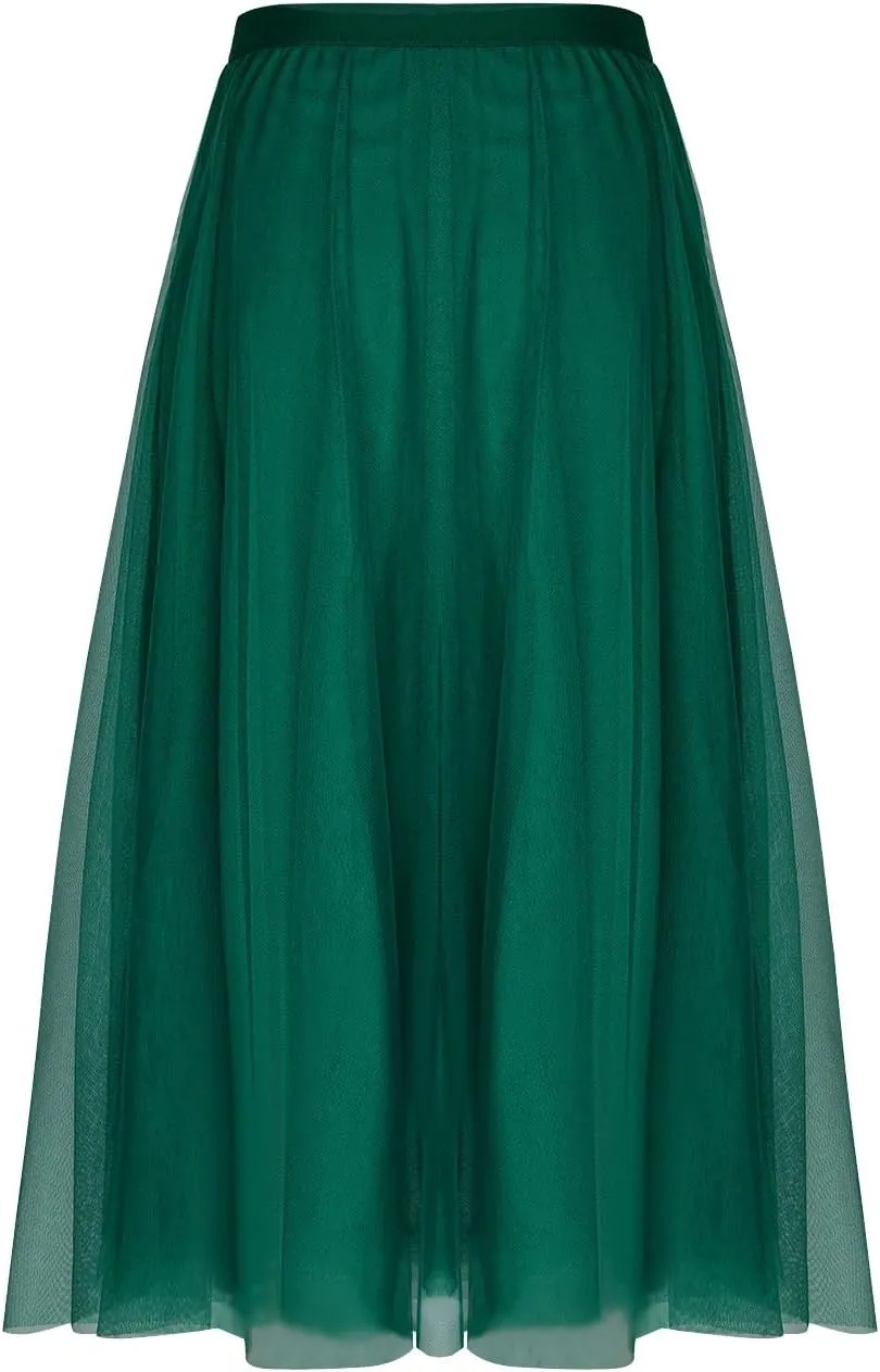Womens Tulle Skirt Elegant Pleated Skirts for Women Midi Length Elastic Waist Skirts Party Evening A Line Tutu Skirts