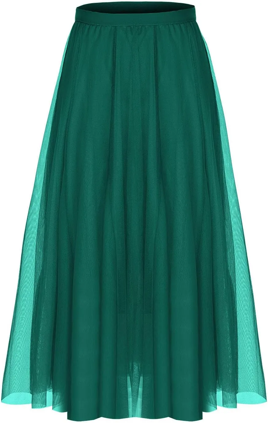 Womens Tulle Skirt Elegant Pleated Skirts for Women Midi Length Elastic Waist Skirts Party Evening A Line Tutu Skirts