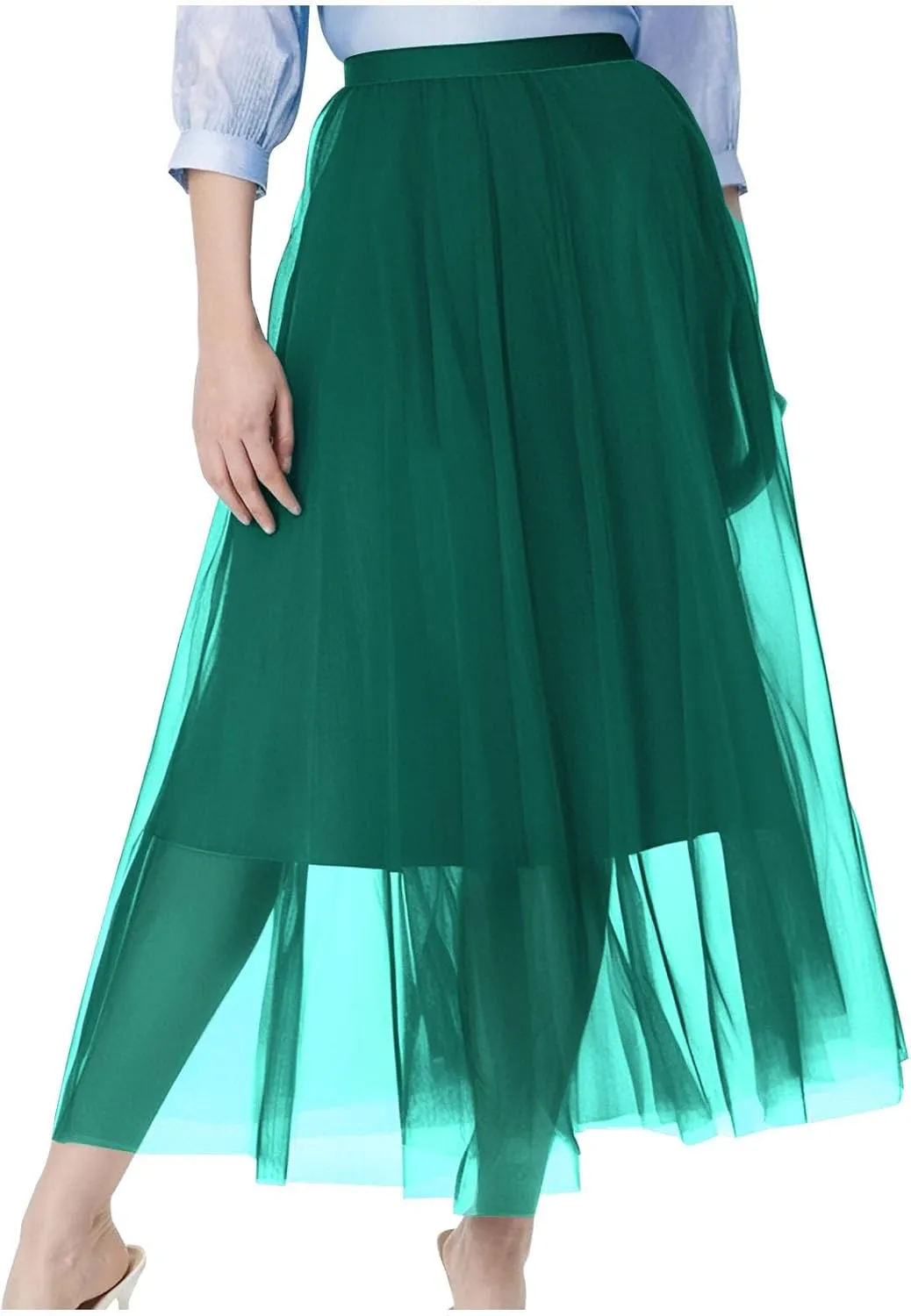 Womens Tulle Skirt Elegant Pleated Skirts for Women Midi Length Elastic Waist Skirts Party Evening A Line Tutu Skirts