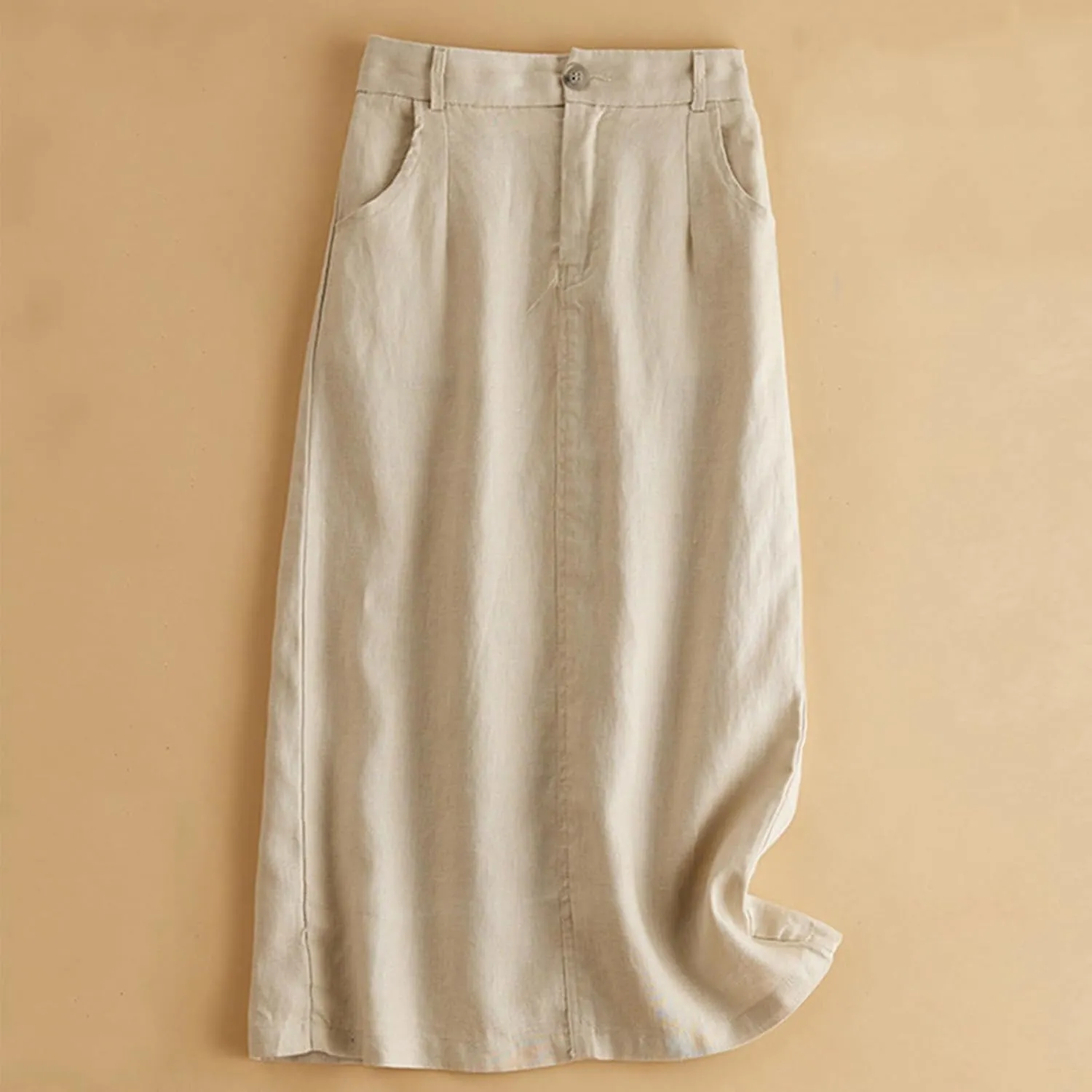 Women's Vintage Cotton Linen Elastic High Waisted Skirt Casual Comfy Loose A-Line Flowy Midi Long Skirts with Pockets