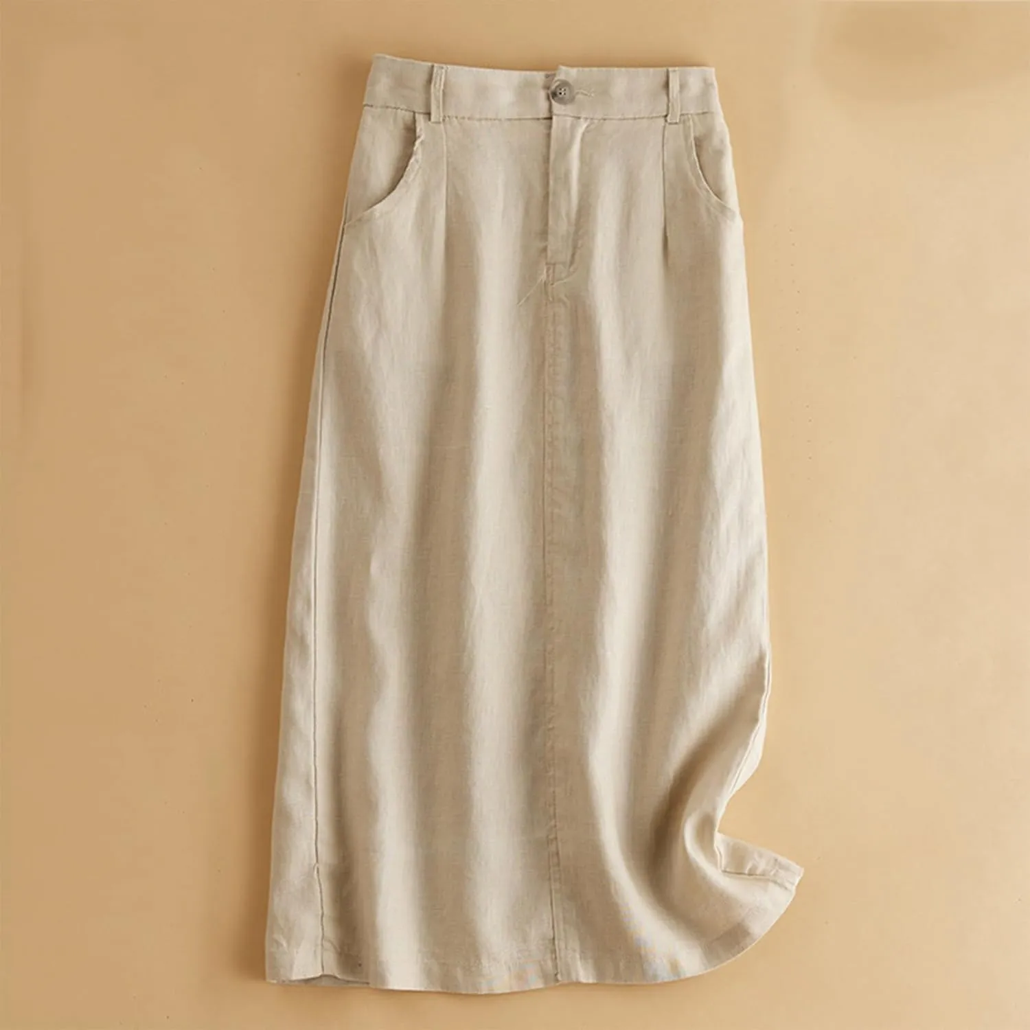 Women's Vintage Cotton Linen Elastic High Waisted Skirt Casual Comfy Loose A-Line Flowy Midi Long Skirts with Pockets