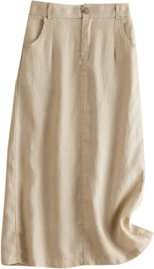 Women's Vintage Cotton Linen Elastic High Waisted Skirt Casual Comfy Loose A-Line Flowy Midi Long Skirts with Pockets