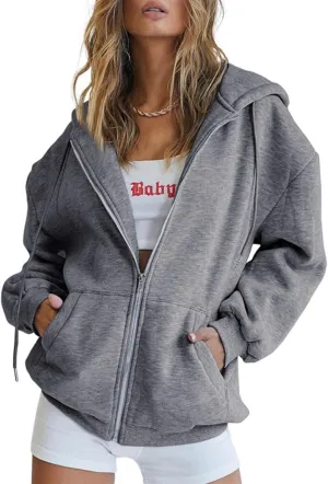 Women's Zip Up Hoodies Oversized Sweatshirt Teen Girls Y2K Clothing Cute Fall Casual Drawstring Jacket with Pockets