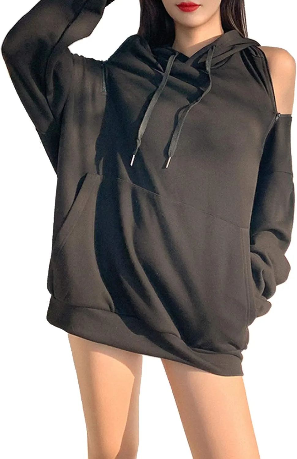 xxxiticat Women's Off The Shoulder Hoodies Long Sleeve Plain Tunic Cold Shoulder Pullover Black Oversized Hooded Sweatshirt